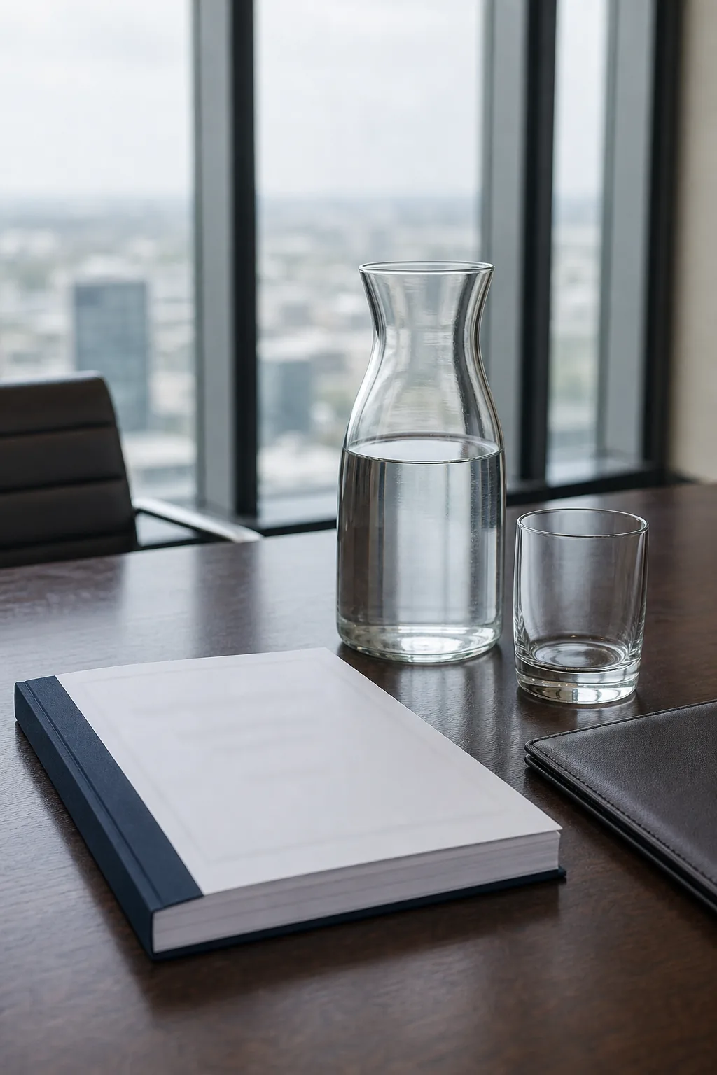 A bound report beside a water carafe and glass on a boardroom table
