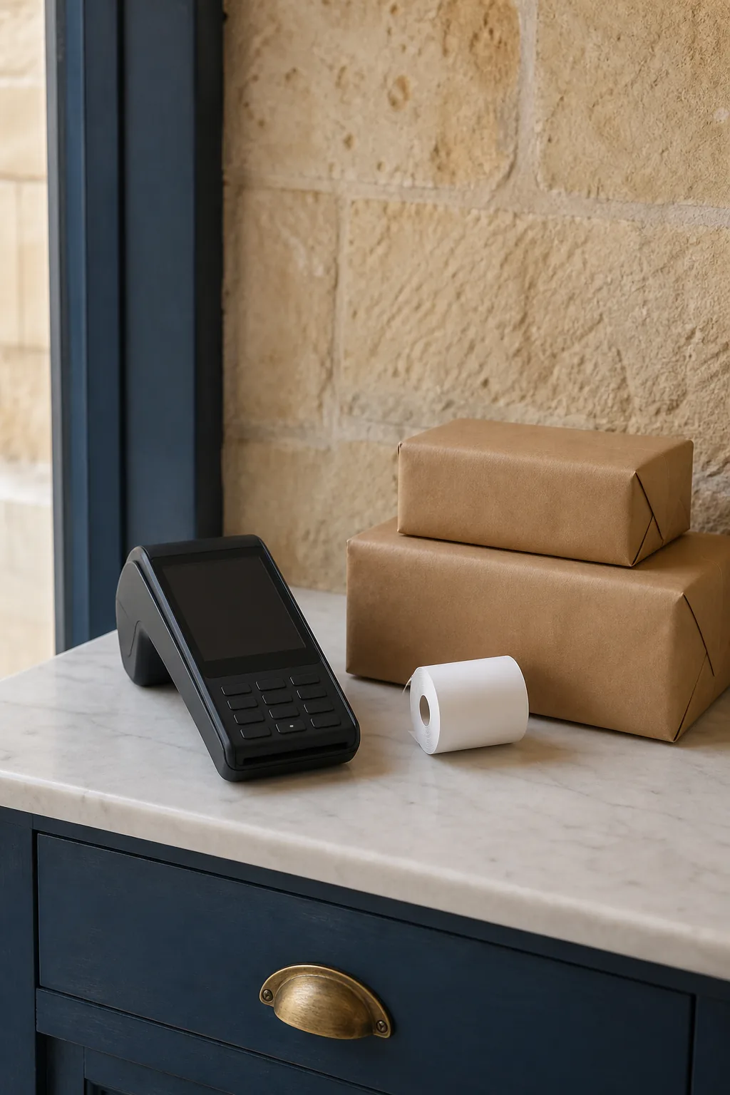 A blank card terminal, receipt roll and two plain parcels on a Maltese shop counter