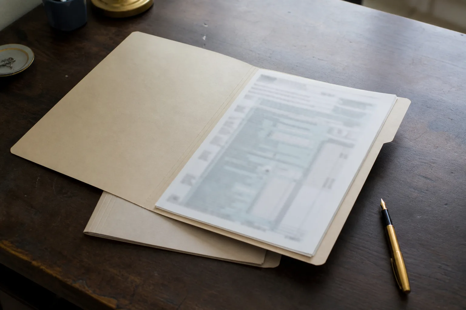 A blurred tax return in an open manila folder beside a fountain pen