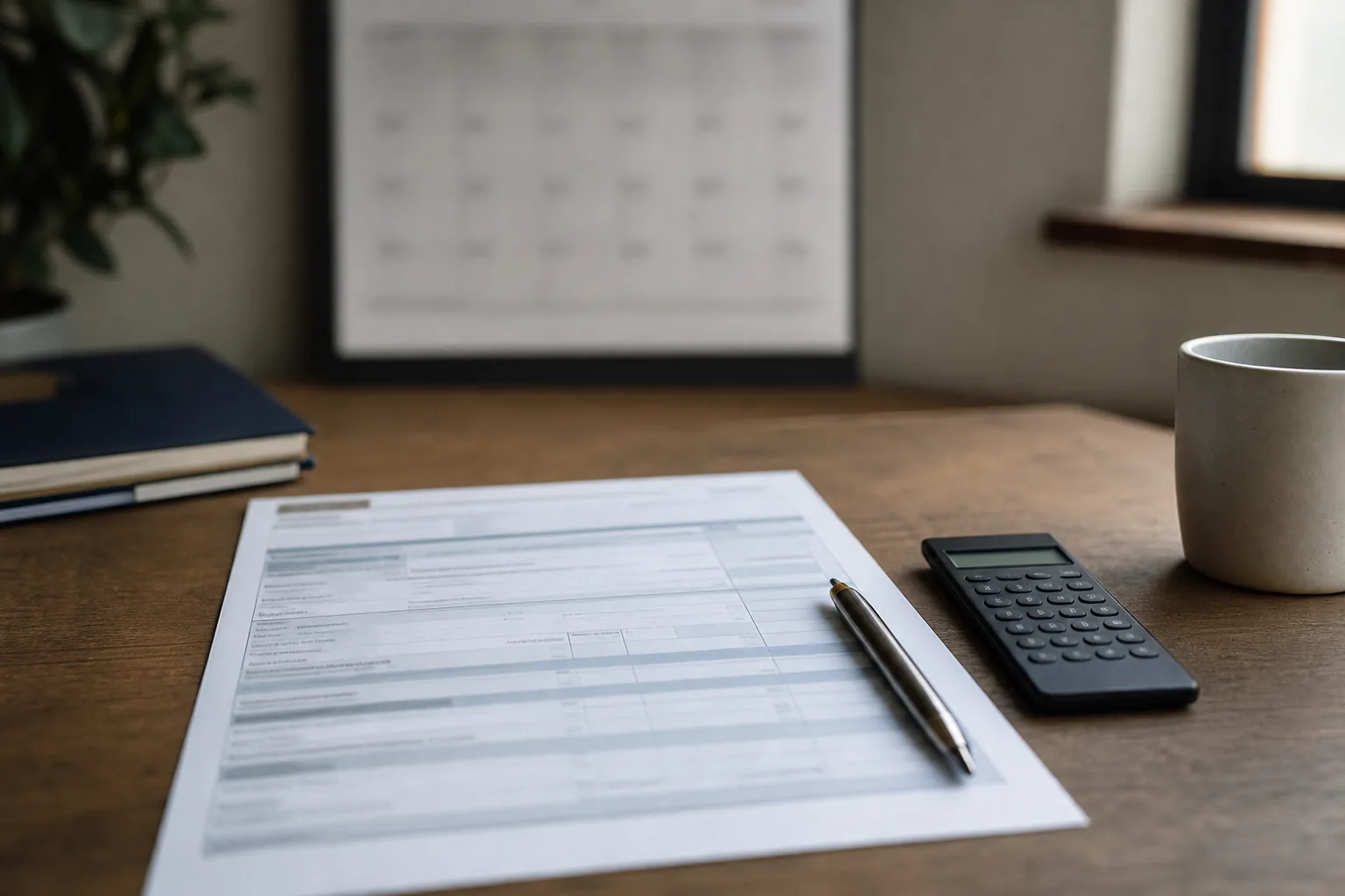A blurred quarterly return beside a calculator and cup with a calendar behind