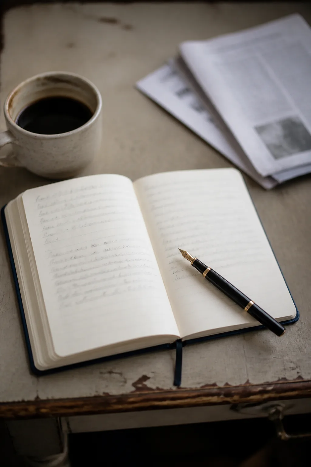 An open notebook beside coffee and a folded newspaper on a wooden desk
