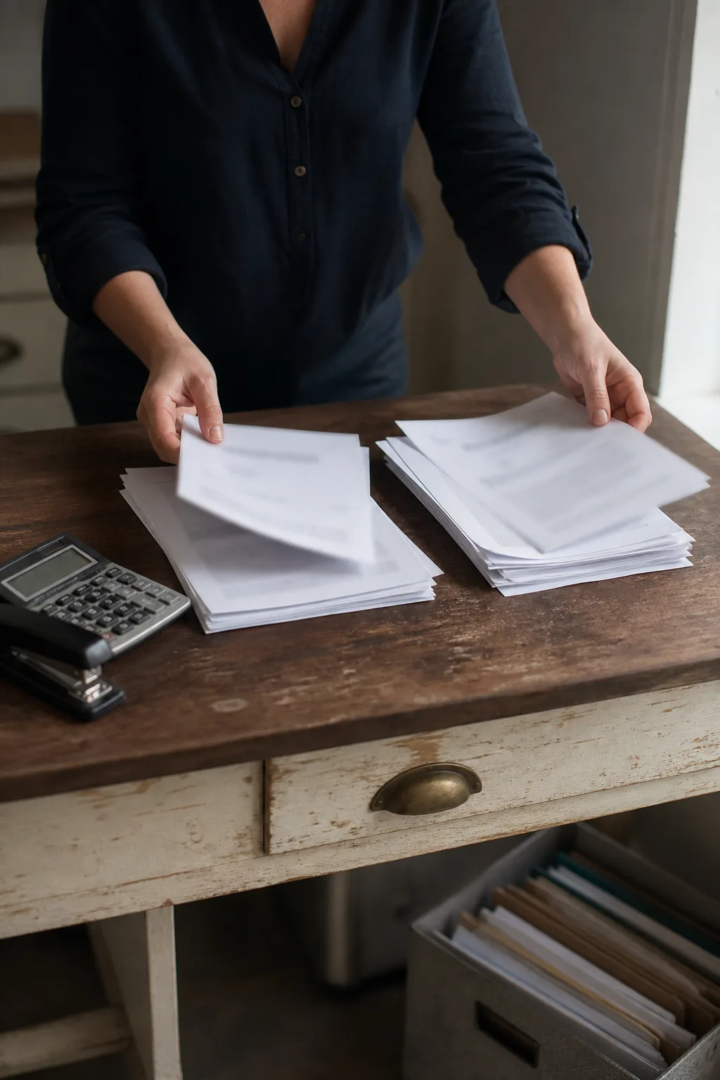 Hands sorting financial papers beside a calculator and ceramic cup