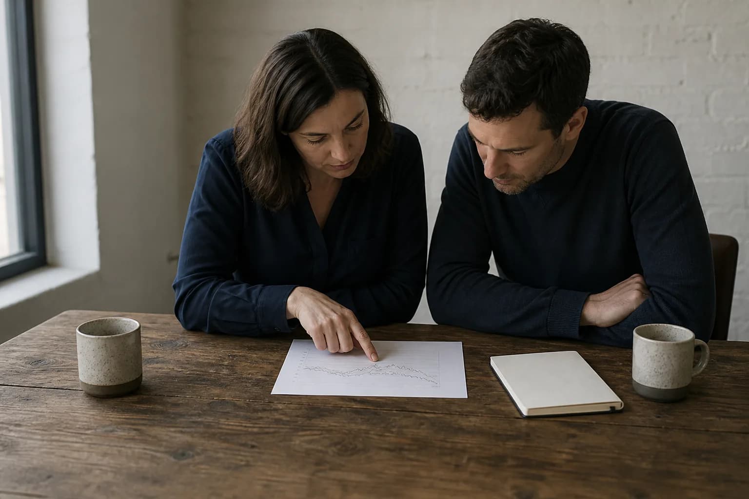 Two colleagues seated together reviewing a printed forecast across a worn table