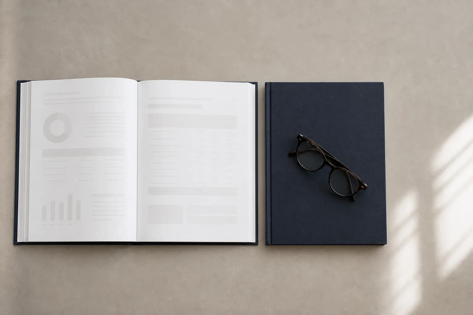 An open bound set of accounts beside a closed copy topped with reading glasses