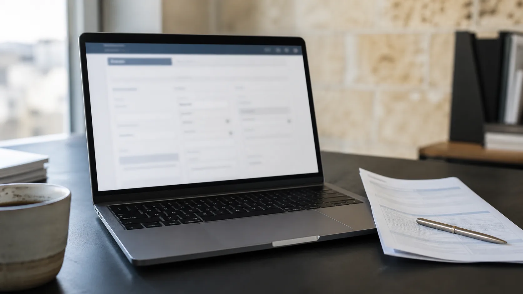 An open laptop showing a blurred online form beside a folded notice and pen