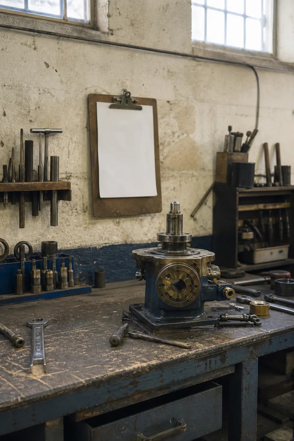 A part-finished mechanical assembly and tools on a worn workshop bench