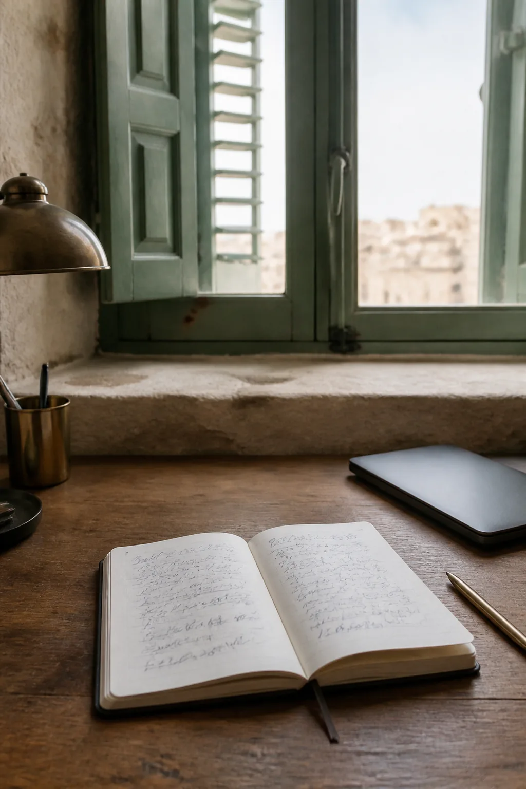 An open notebook and closed laptop beneath green shutters in a Maltese office