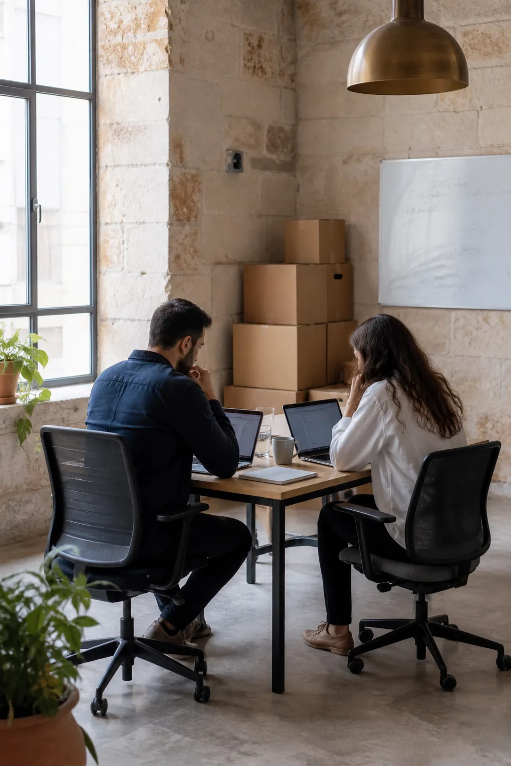 Two founders working across a small table with moving boxes behind them