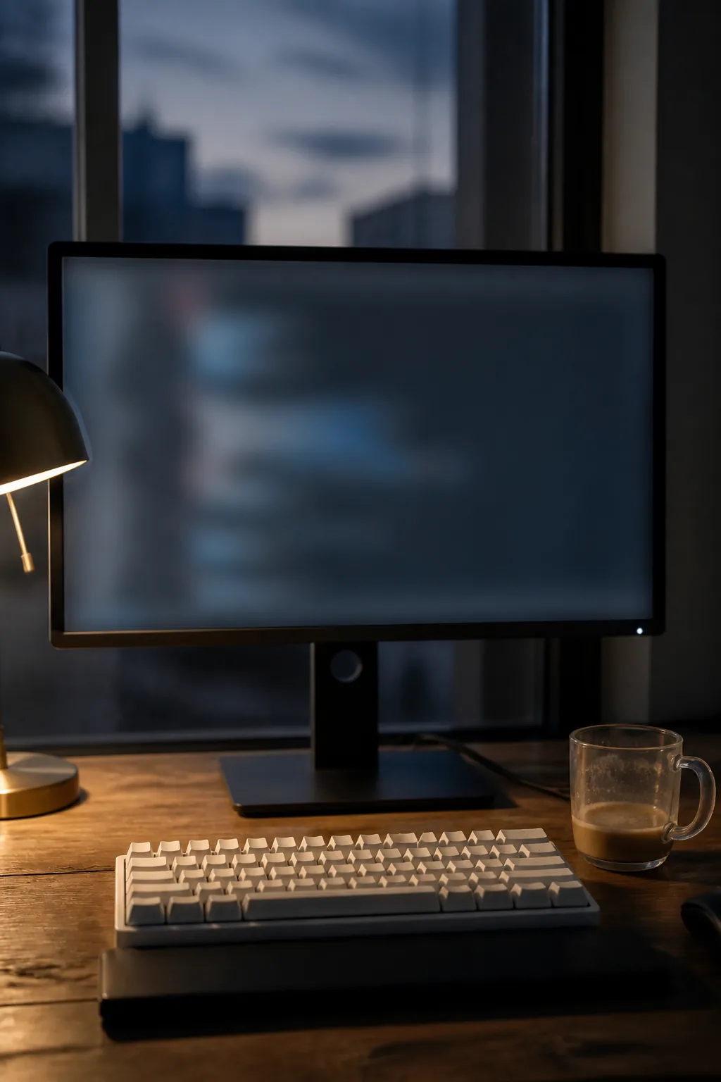A dusk developer desk with a blurred monitor, blank keyboard and half-drunk coffee